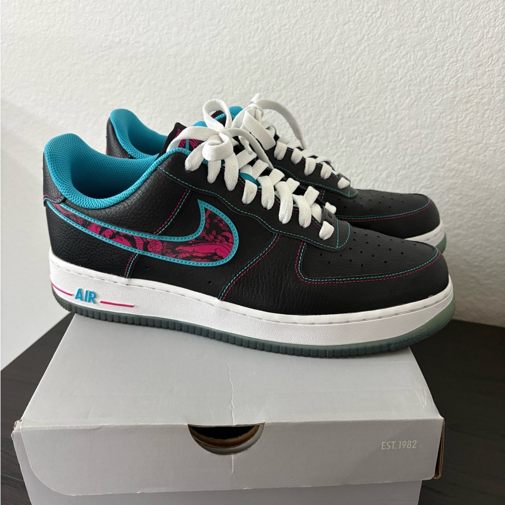 Nike Air Force 1 Black with Teal and Pink Highlights